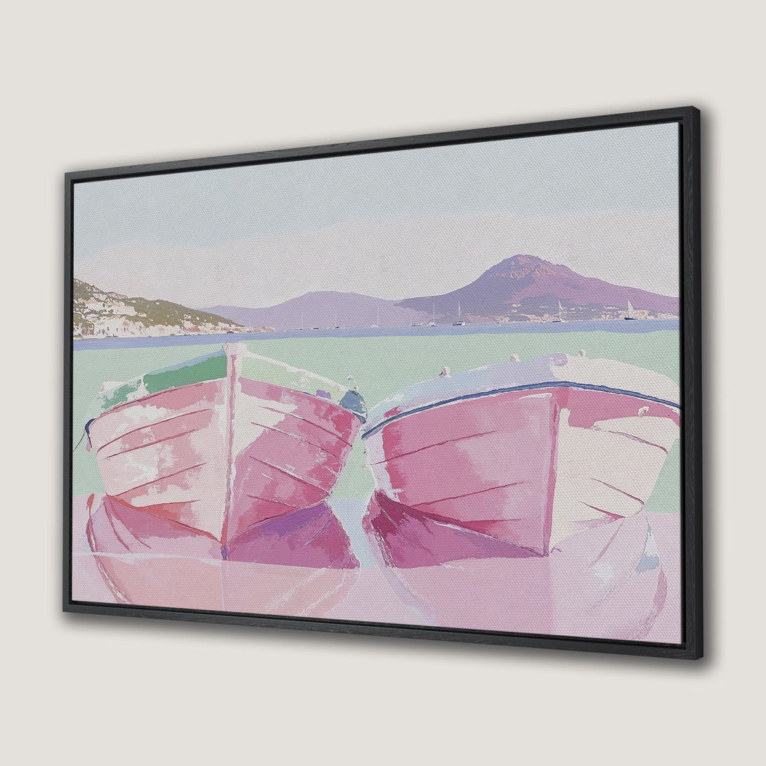 Framed Wall Art: Coastal scene with pink boats. Impressionistic style, pastel color palette. Perfect for adding a touch of serenity to your space.