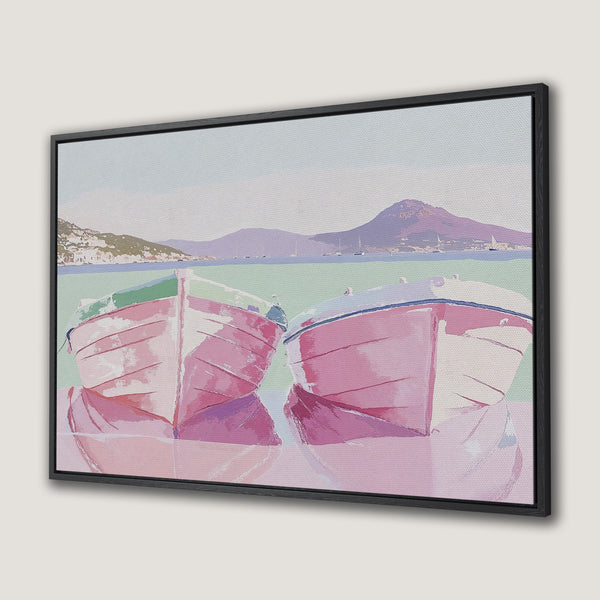Framed Wall Art: Coastal scene with pink boats. Impressionistic style, pastel color palette. Perfect for adding a touch of serenity to your space.