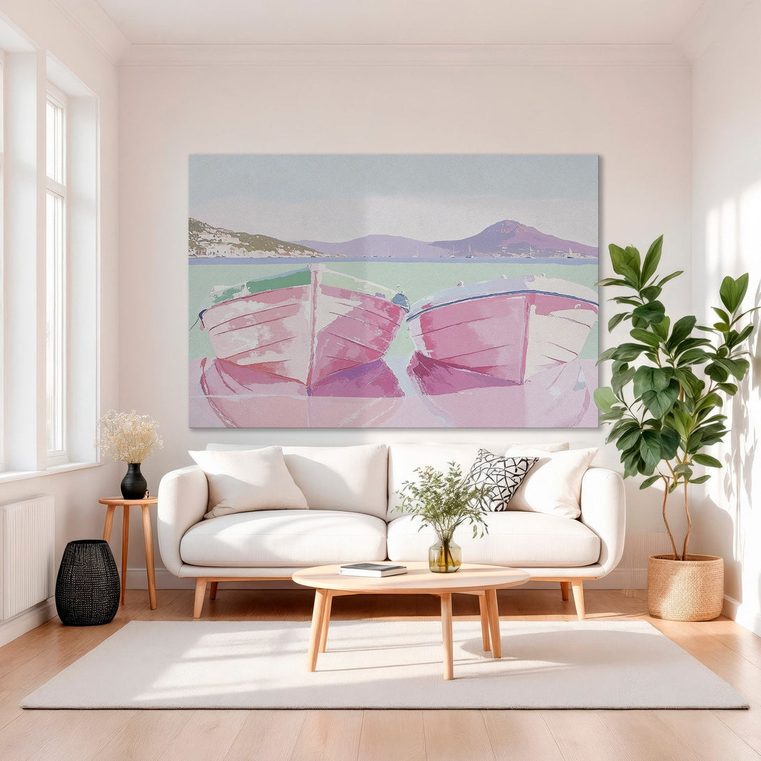 Framed Wall Art featuring pink boats on a serene sea. Pastel color palette adds a touch of coastal elegance to any space.