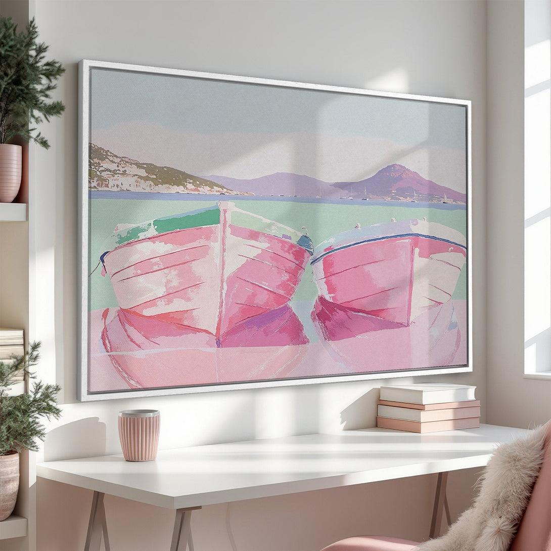 Framed Wall Art: Coastal boats in a pastel pink and blue watercolor style. Perfect for adding a touch of serene art to your home decor.