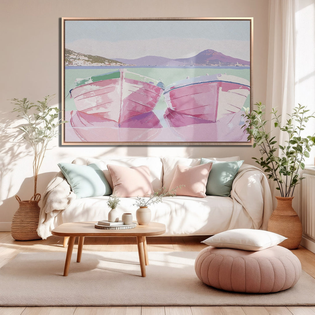 Framed Wall Art of pink boats in a coastal landscape. Soft watercolor style with pastel pink, blue, and green tones. Perfect for adding a serene touch.