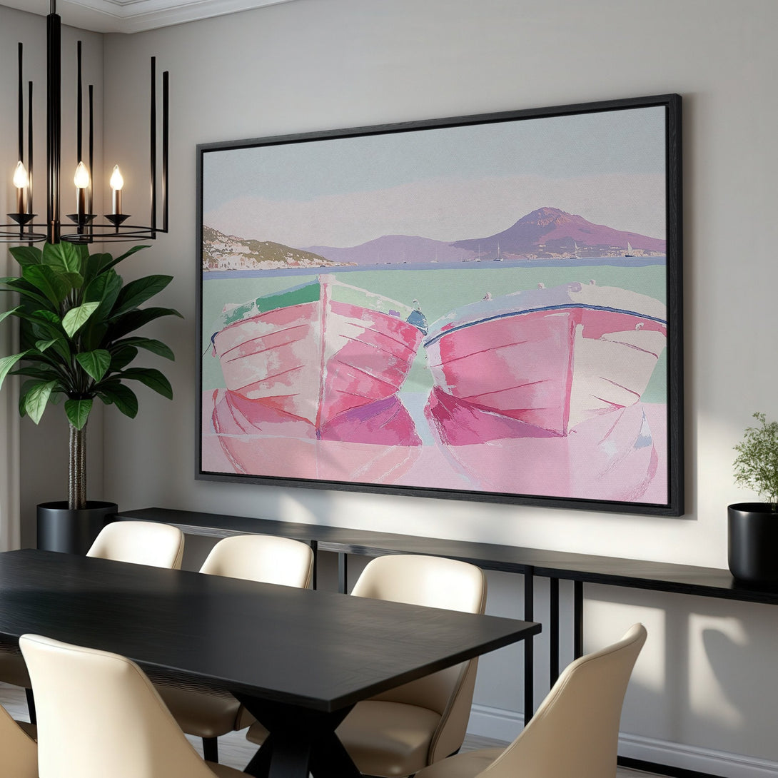 Framed Wall Art: Coastal boats in a vibrant pink and blue palette. Modern art canvas print for a stylish interior.