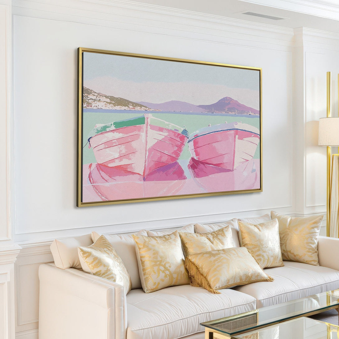 Canvas Print of pink boats on the water. Impressionist style, soft pastel color palette, perfect for a living room.