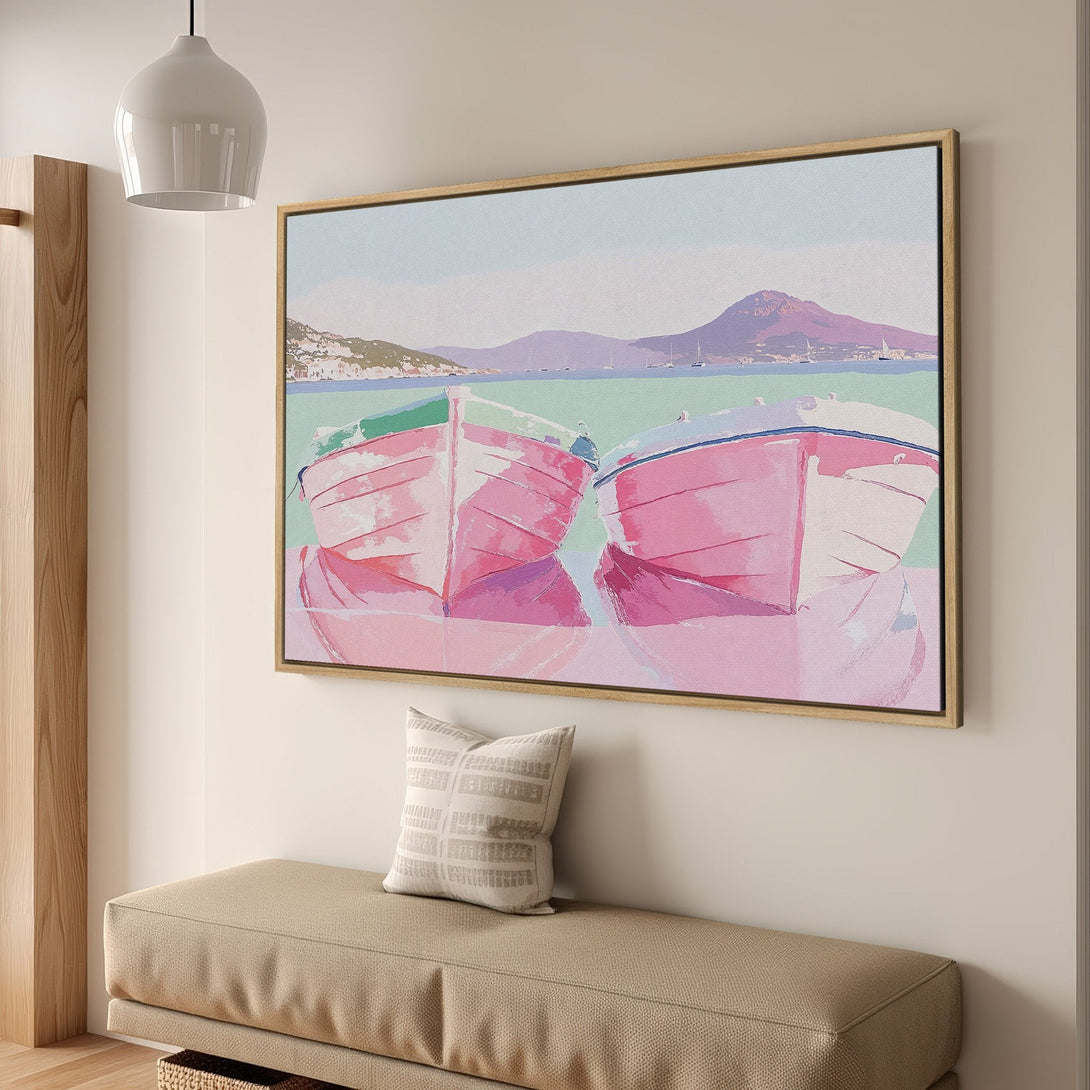 Framed Wall Art: Coastal boats in pastel pinks and blues. Modern, artistic canvas print adds a pop of color to any interior. Shop now!