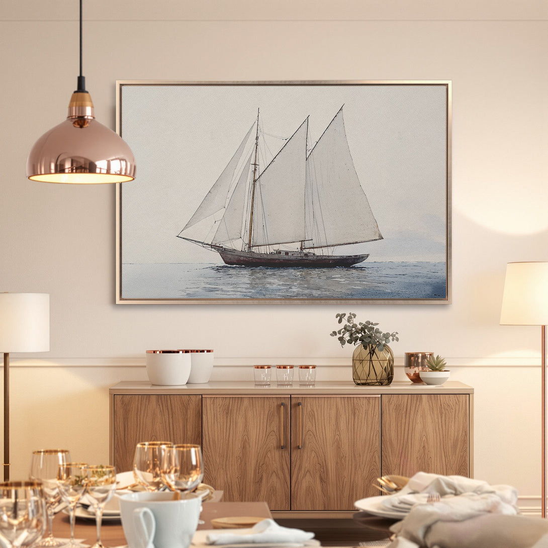 Framed Wall Art of a sailboat in a watercolor style. Neutral color palette with blues, grays, and browns. Perfect for coastal decor.