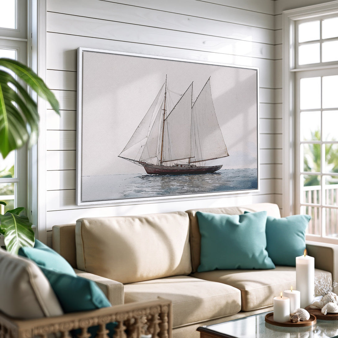 Framed Wall Art: Watercolor sailboat canvas print in coastal style, featuring a serene blue and neutral color palette. Perfect for living room decor.