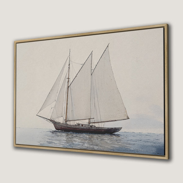 Framed Wall Art: Watercolor sailboat print in muted blues and neutrals. Coastal decor with a vintage aesthetic. Perfect for nautical-themed rooms.
