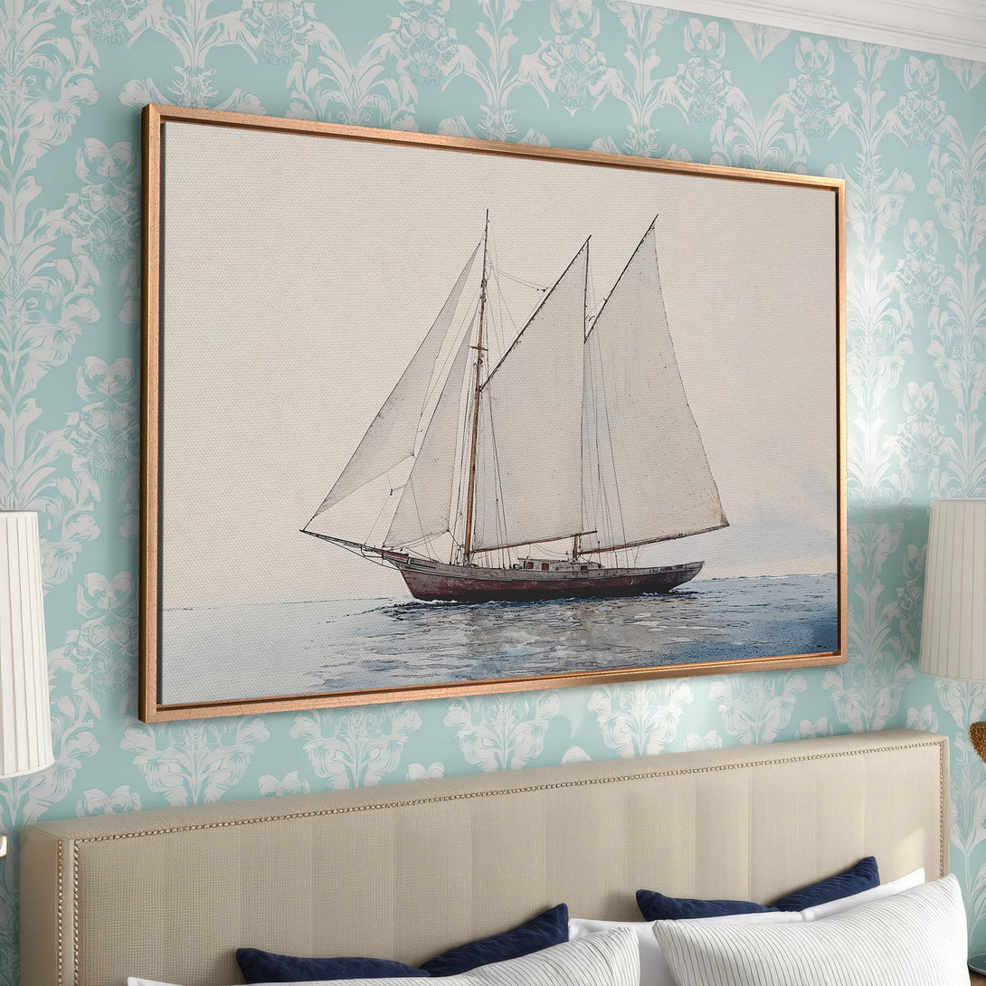 Framed Wall Art: Nautical sailboat art in muted blues and creams. Coastal style Canvas Print adds a touch of elegance to any bedroom.