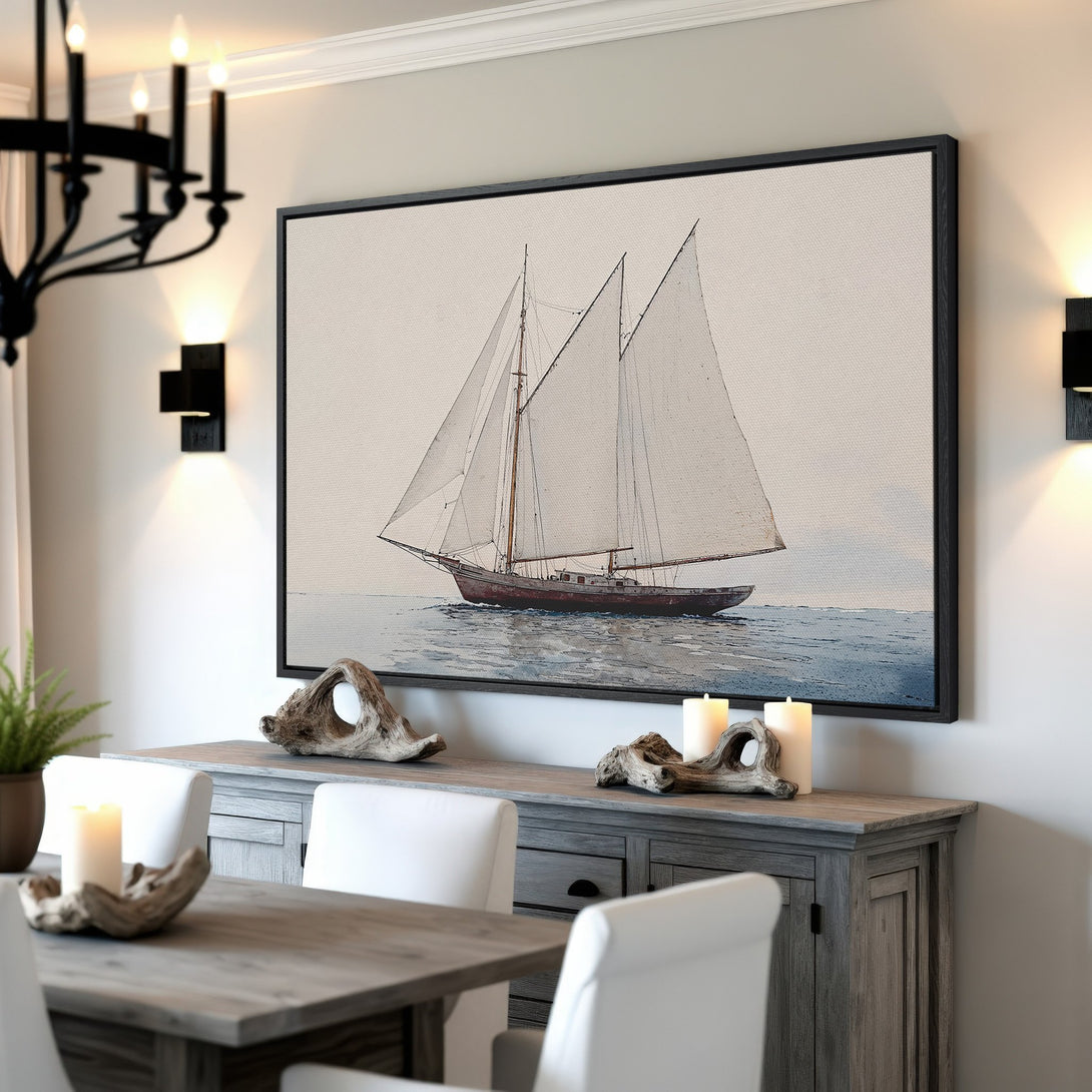 Framed Wall Art: Watercolor sailboat print in neutral tones. Coastal decor for your home. Shop canvas prints & elevate your space!