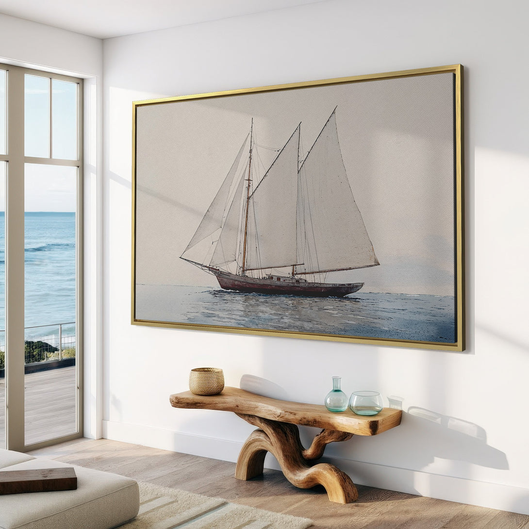 Canvas Print of a sailboat in a serene watercolor style with a neutral, calming color palette. Perfect coastal wall art for your home.