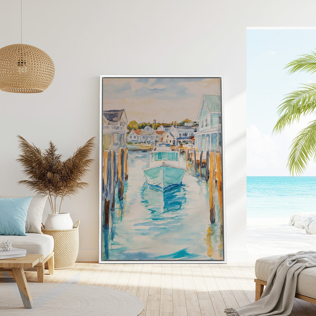 Framed Wall Art: Watercolor boat scene in coastal style. Blue, teal, and beige color palette. Perfect for beach house decor.