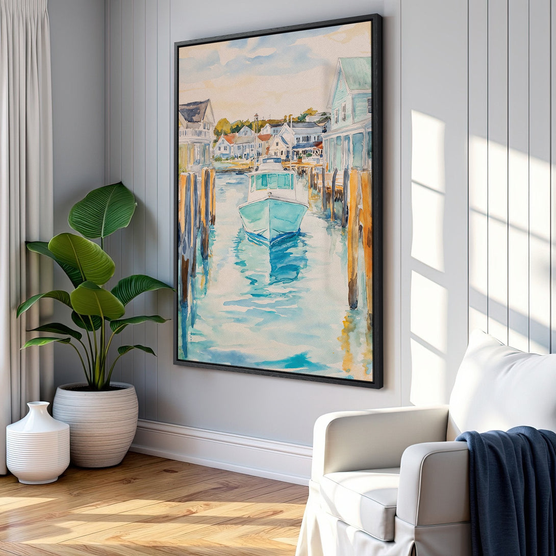 Framed Wall Art featuring a watercolor boat scene in a coastal style. Soft blue and yellow color palette adds a serene touch to any room.
