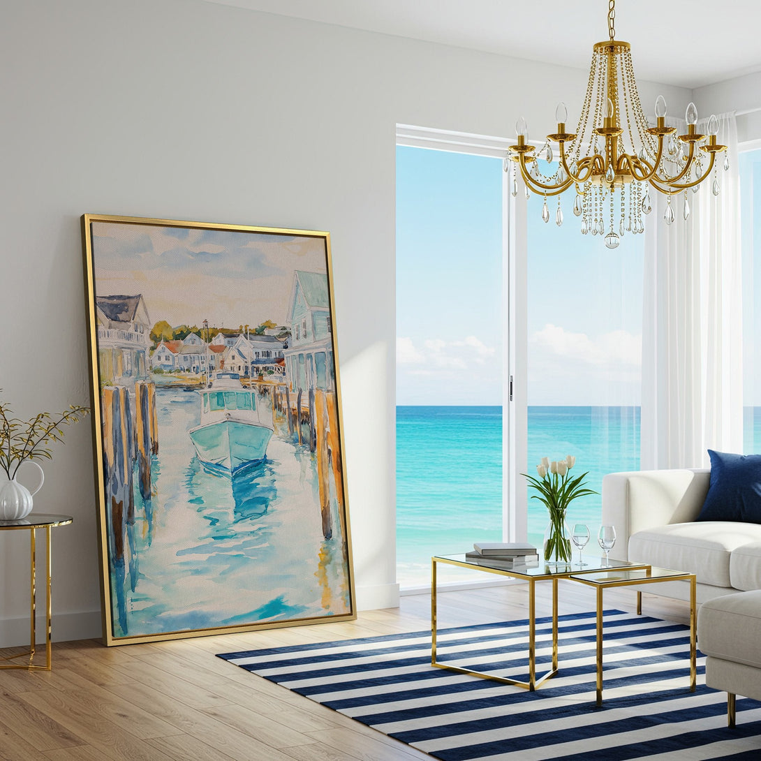 Canvas Print of coastal boat scene in watercolor style, featuring blue, teal, and neutral tones. Perfect for a calming living room.
