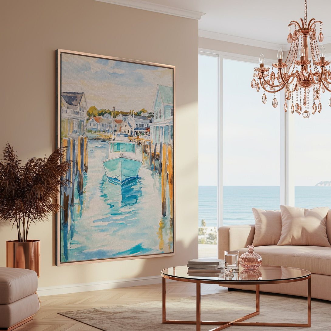Framed Wall Art featuring a coastal watercolor scene in blue and beige tones. Perfect for adding a touch of serenity to your home decor.