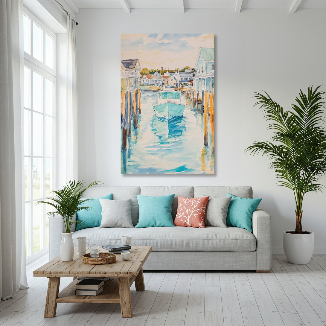 Framed Wall Art: Watercolor boat scene in coastal interior. Blue, turquoise, and gold color palette. Perfect for beach house decor.