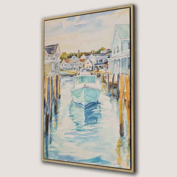 Framed Wall Art: Watercolor boat scene in a coastal town. Soft blue, beige, and yellow hues create a serene, nautical aesthetic. Perfect for a beach house!