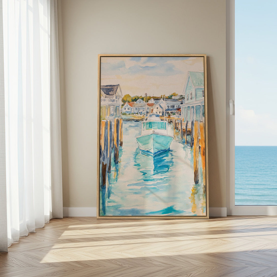 Framed Wall Art: Coastal watercolor painting of a boat and harbor in calming blue and teal tones. Perfect for adding a touch of serenity to your space.