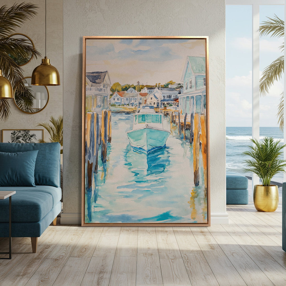 Framed Wall Art: Watercolor boat scene in a coastal town. Serene blue, turquoise, and neutral tones. Perfect for adding a touch of tranquility to your space.