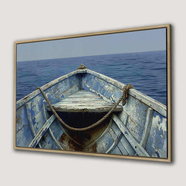 Canvas Print of a weathered blue boat on the sea. Coastal art with a rustic, vintage feel. Serene blue and neutral tones.