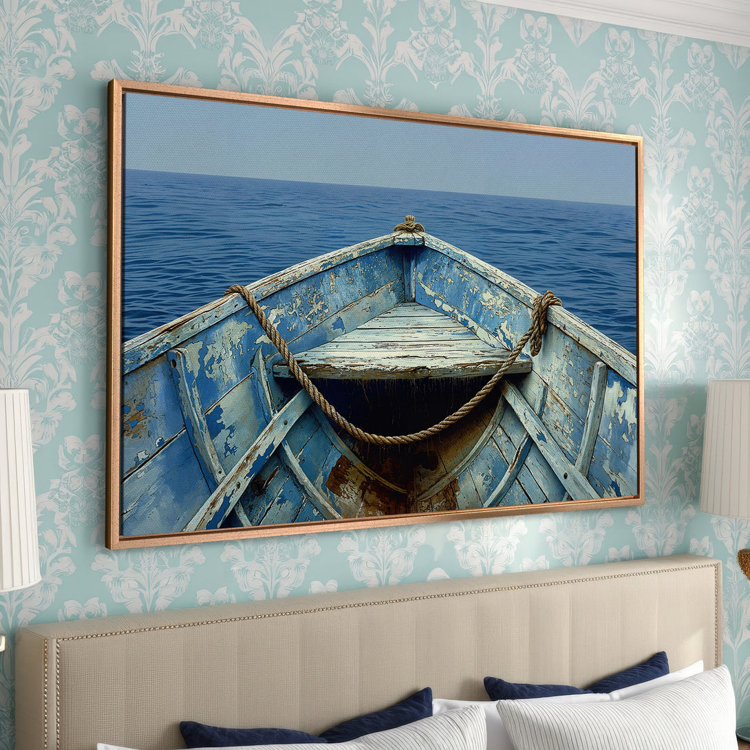 Framed Wall Art: Rustic boat on the sea. Coastal decor with a blue and neutral color palette. Perfect for bedroom or living room.