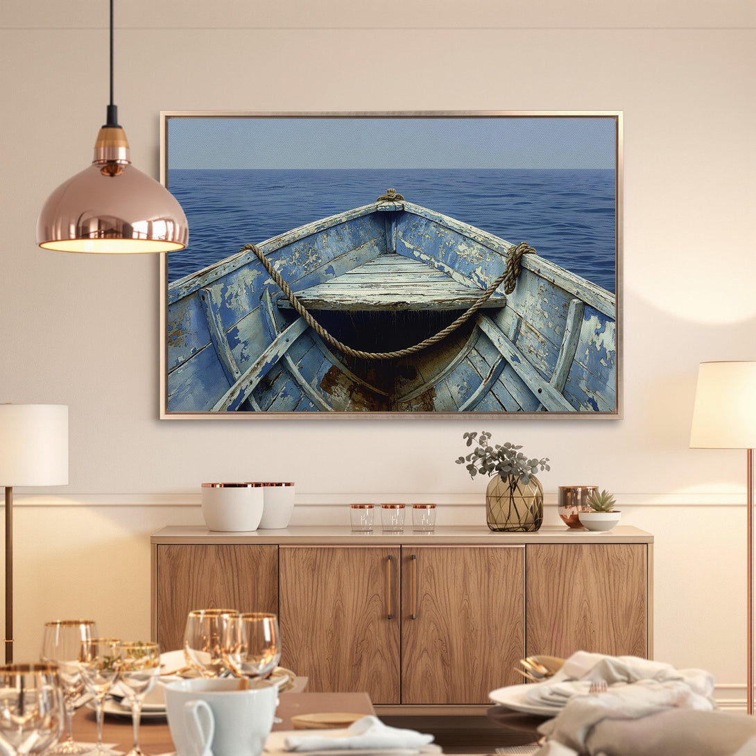 Framed Wall Art: Vintage boat on the sea, showcasing a calming blue palette. Coastal decor for a serene home.