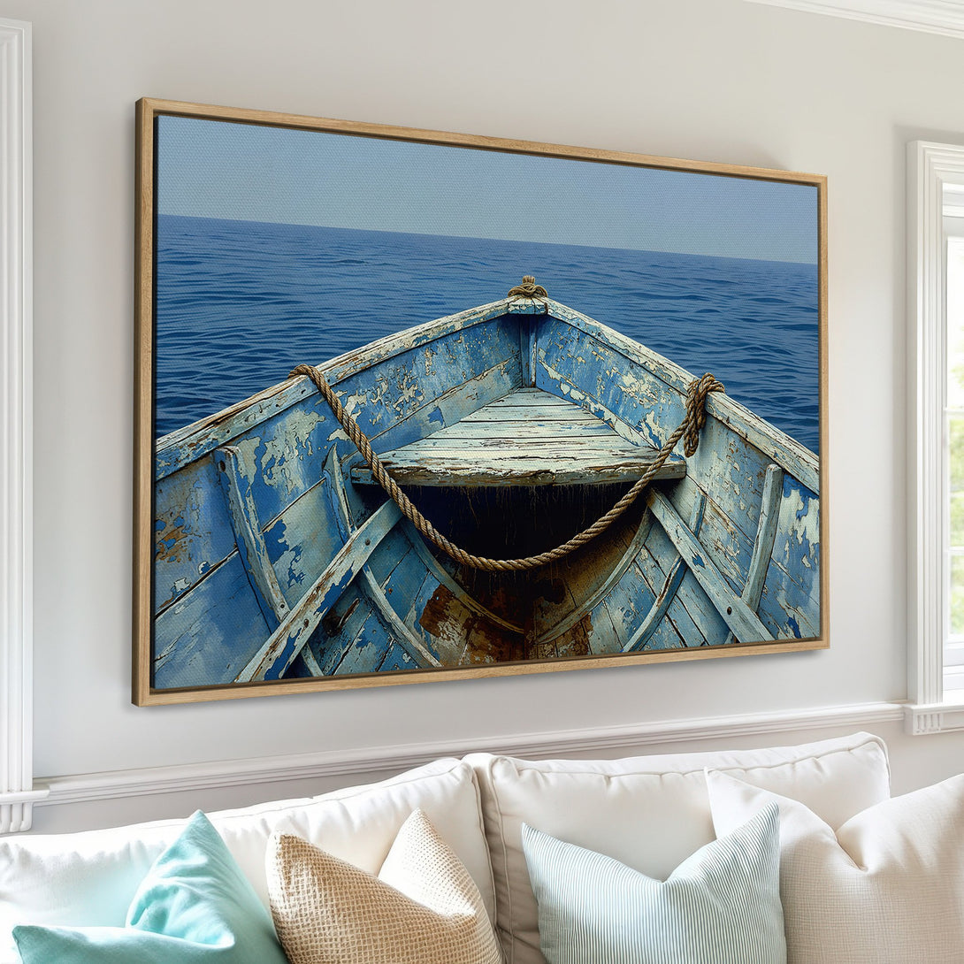 Framed Wall Art: Rustic blue boat on the sea. Coastal decor with a weathered wood aesthetic. Blue and neutral color palette. Perfect for a nautical theme.