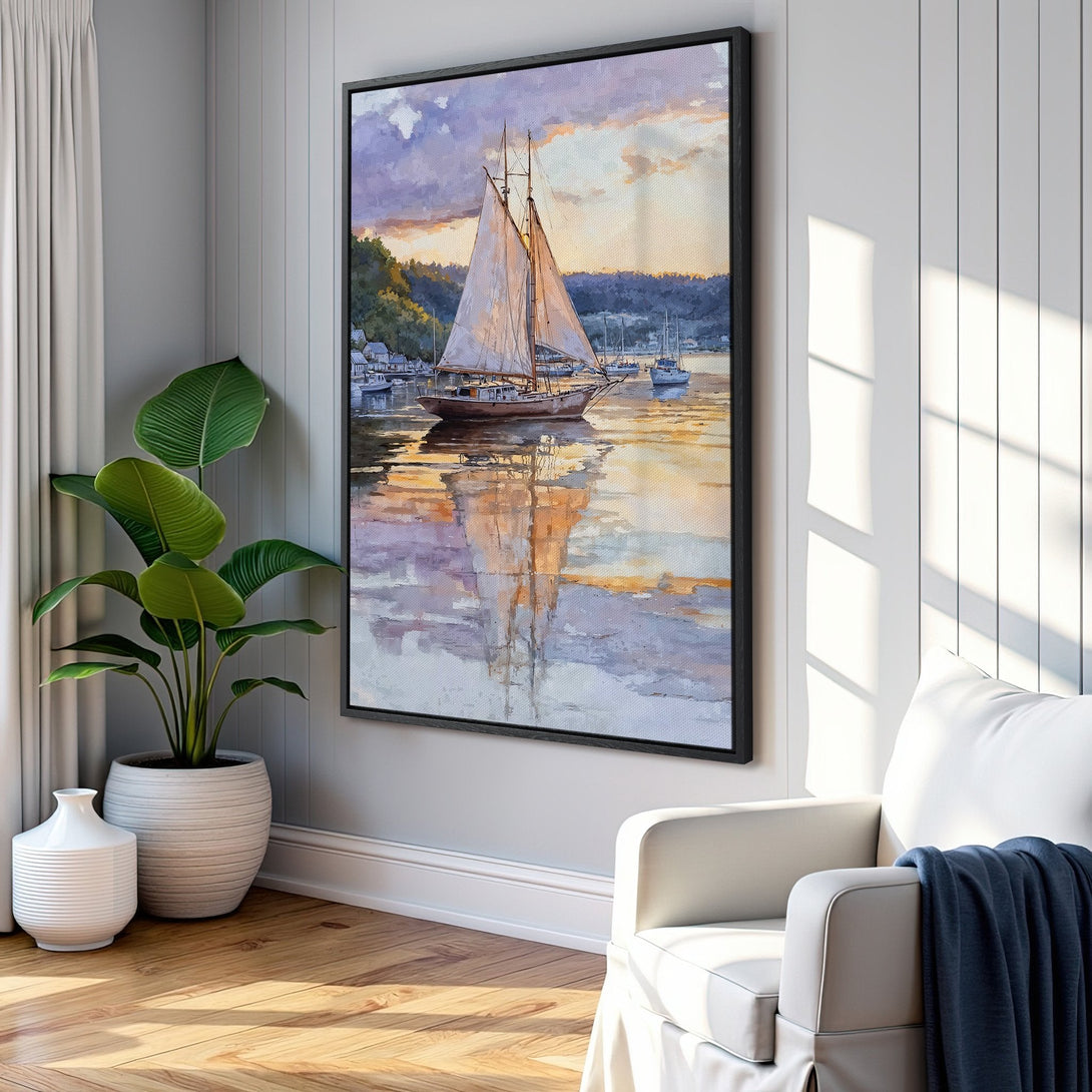 Framed Wall Art featuring a sailboat watercolor painting in a coastal style. Soft, muted color palette with blues, purples, and golds. Perfect for living room decor.