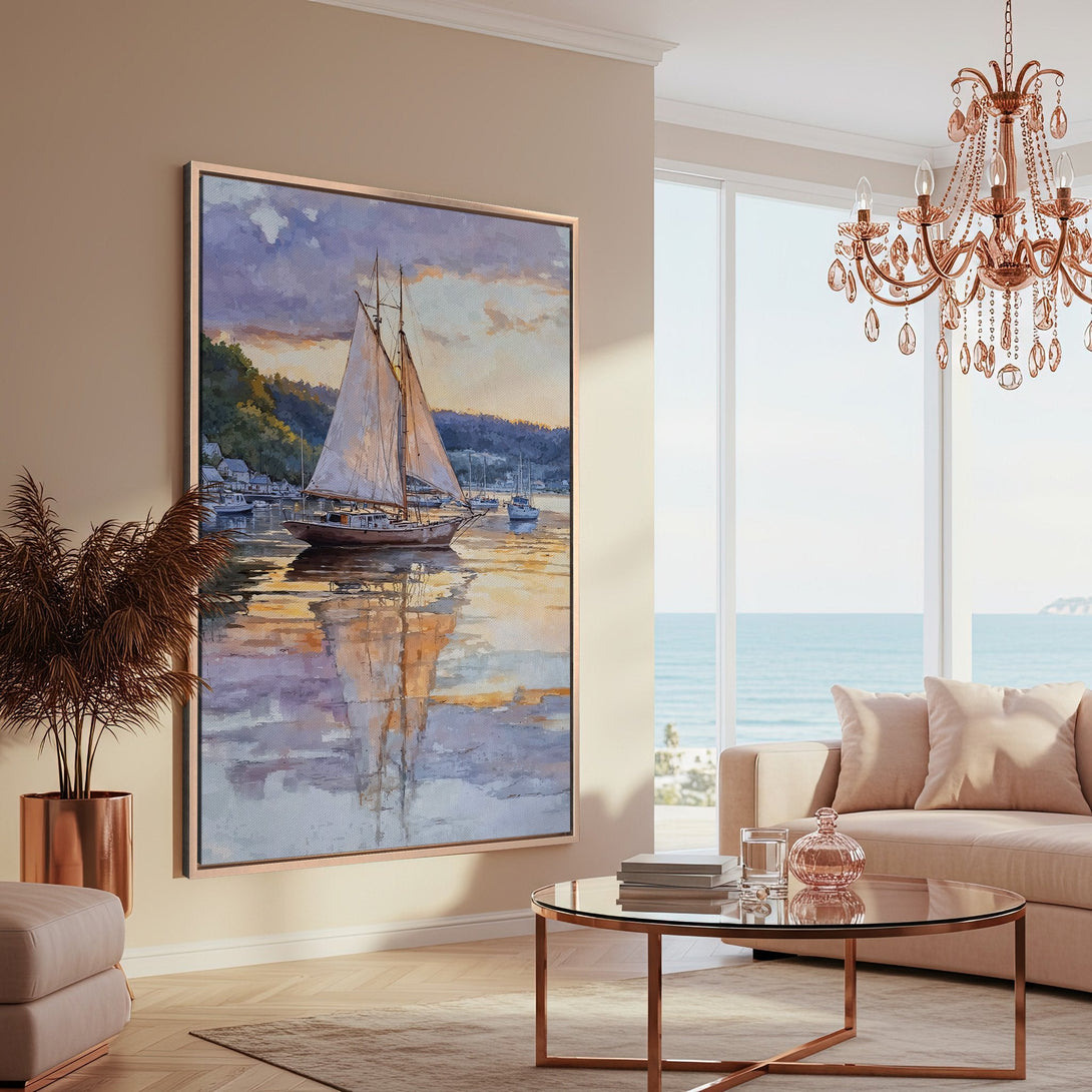 Framed Wall Art: Coastal sailboat painting in a warm, neutral interior. Soft watercolor style with a calming blue, gold, and purple color palette.