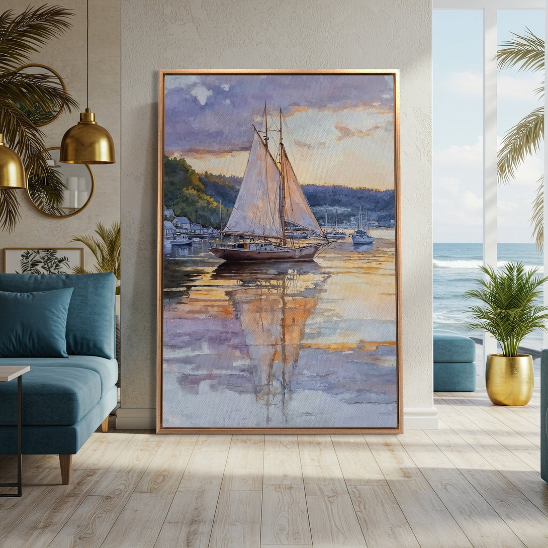 Framed Wall Art: Watercolor painting of a sailboat in a coastal scene. Soft, muted colors create a serene atmosphere. Perfect for adding a touch of elegance.