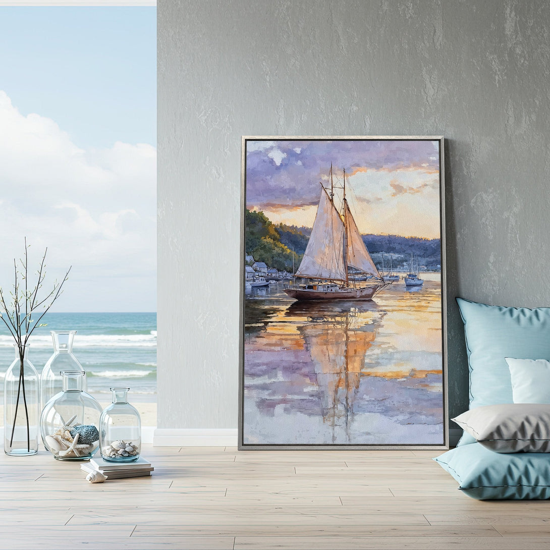 Framed Wall Art: Sailboat painting in a coastal style with a warm, sunset color palette. Perfect for adding a touch of serenity to any room.