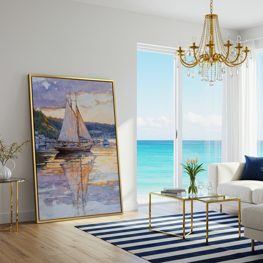 Canvas Print of a sailboat at sunset. Watercolor style with a calming palette of blues, purples, and golds. Perfect for coastal decor.