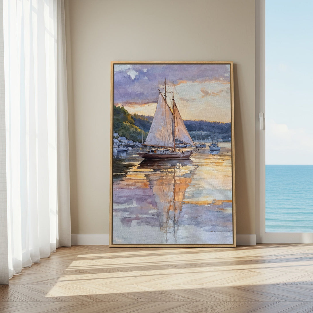 Framed Wall Art featuring a sailboat scene in a watercolor style, with a calming purple and gold color palette. Perfect for coastal decor!