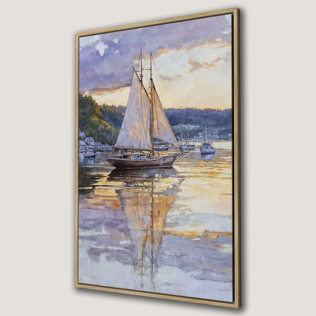 Framed Wall Art featuring a sailboat at sunset. Beautiful watercolor style with a calming palette of blues, purples, and golds. Perfect coastal decor!