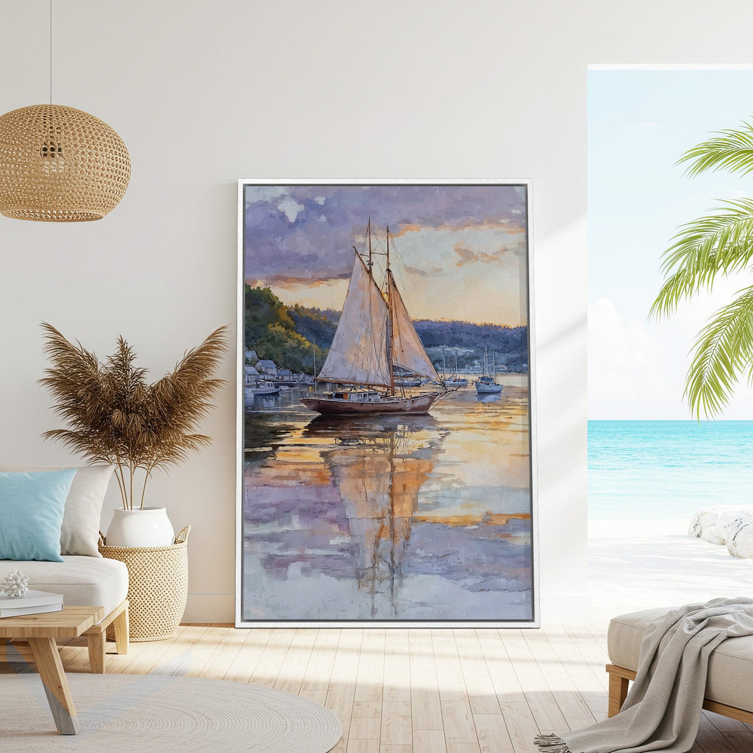Framed Wall Art Canvas Print of a sailboat in a watercolor style, featuring a calming purple and gold sunset palette. Perfect coastal decor.