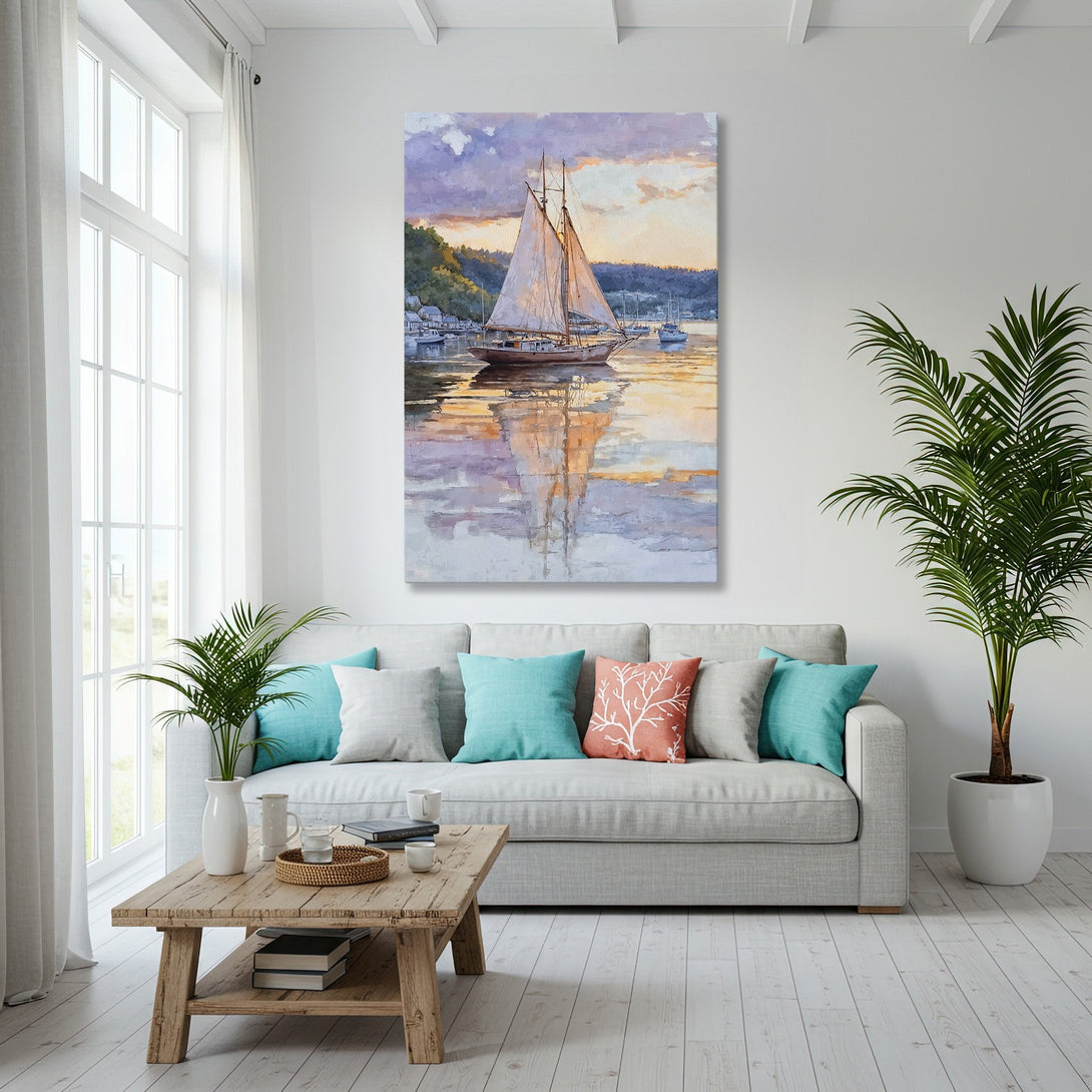 Framed Wall Art: Coastal sailboat painting in a gold frame, displayed in a bright, modern living room with blue and gold accents.