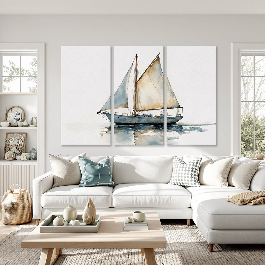 Canvas Print of a watercolor sailboat in a serene, blue and beige palette. Coastal wall art perfect for a calming living room.
