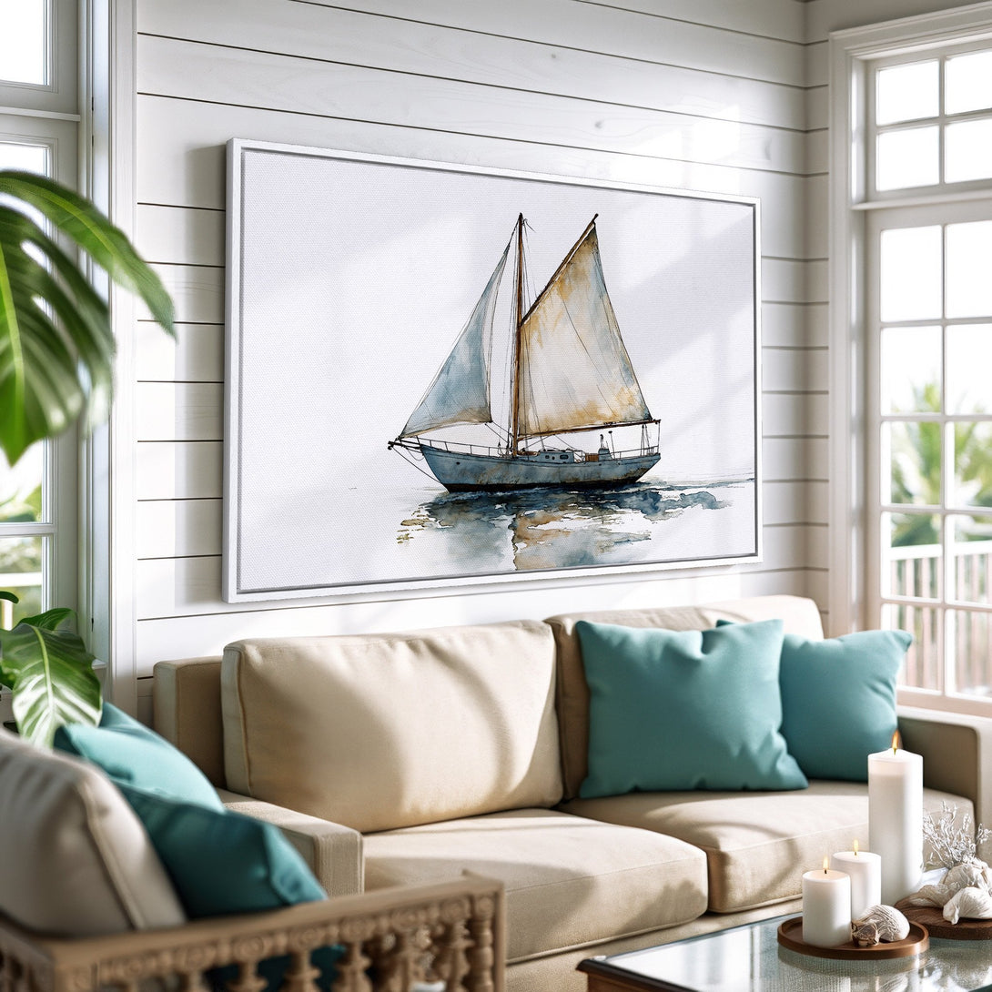 Framed Wall Art: Watercolor sailboat print in a coastal living room. Soft blues, beige, and white color palette. Perfect nautical decor for your home.