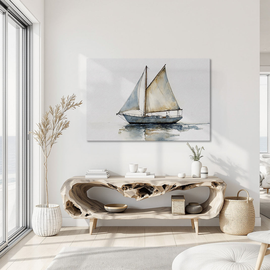 Framed Wall Art: Watercolor sailboat print in a coastal interior. Soft blue, beige, and white color palette. Perfect nautical decor for your home.