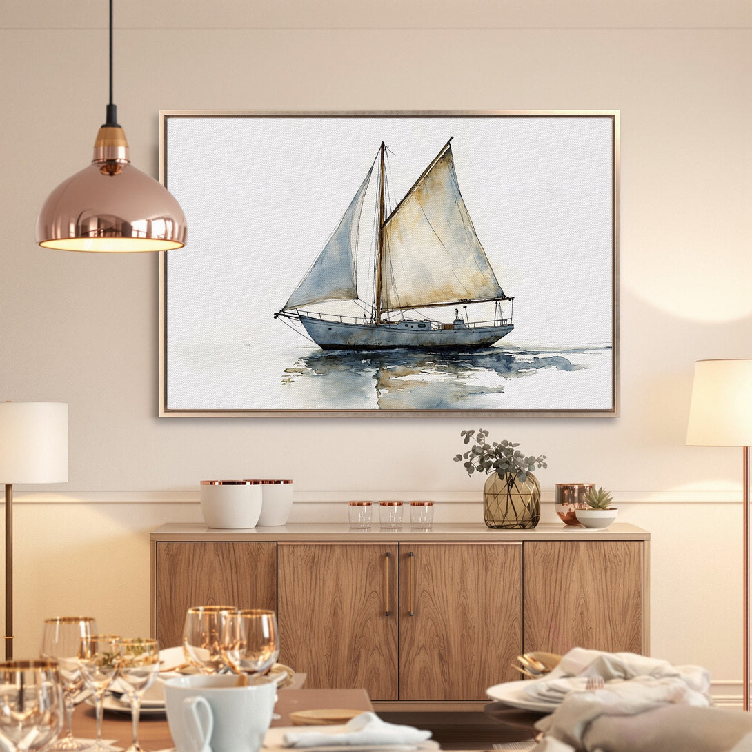 Framed Wall Art: Watercolor sailboat print in soft blues and beige. Coastal wall decor for a serene living space.