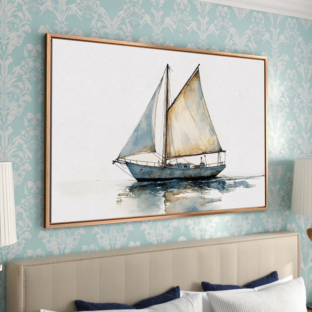 Framed Wall Art: Watercolor sailboat print in serene blues and tans. Coastal artwork for a relaxing bedroom. Elevate your home decor with this canvas print!