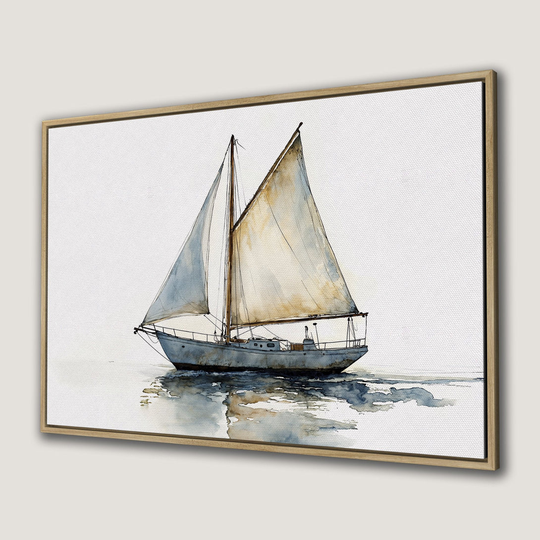 Framed Wall Art: Watercolor sailboat print in neutral blue and beige tones. Coastal decor for a serene and stylish home.