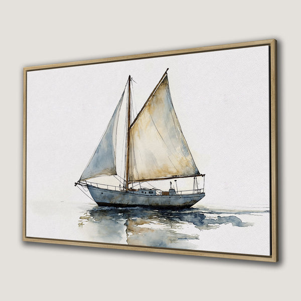 Framed Wall Art: Watercolor sailboat print in neutral blue and beige tones. Coastal decor for a serene and stylish home.
