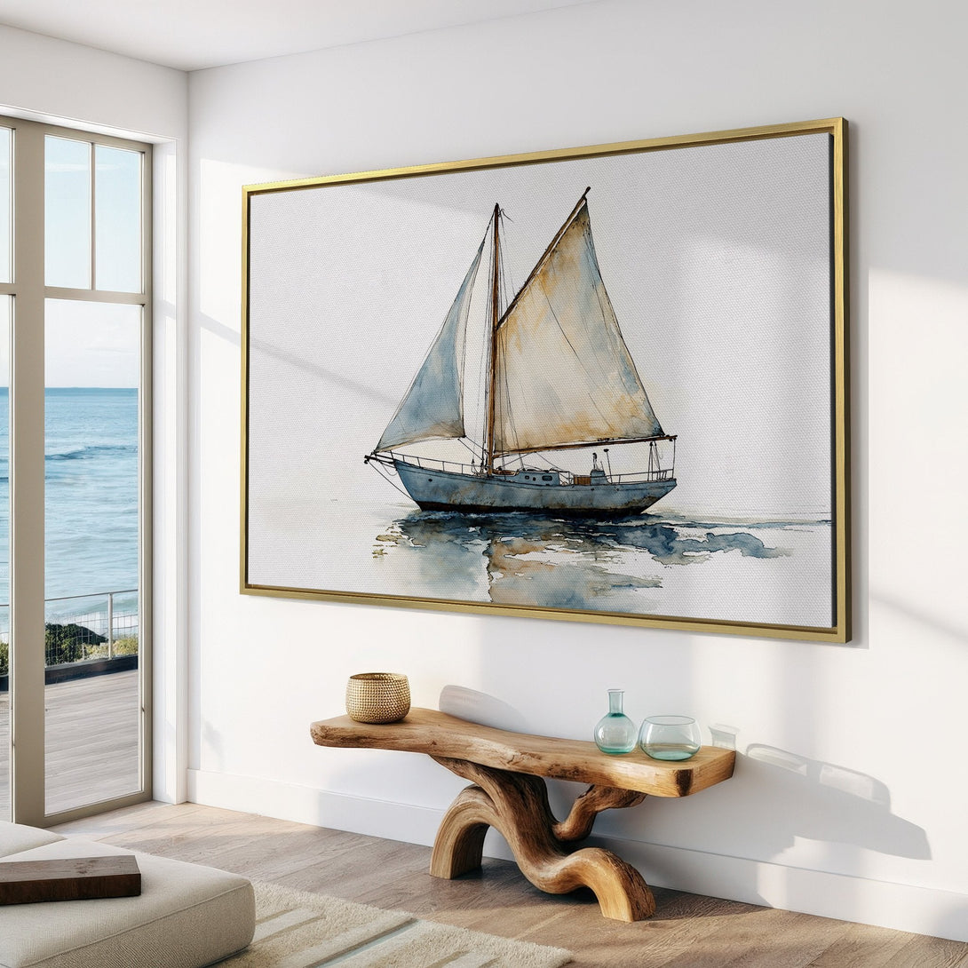 Canvas Print of a watercolor sailboat. Coastal wall art in a neutral, calming color palette. Perfect for a serene living room.
