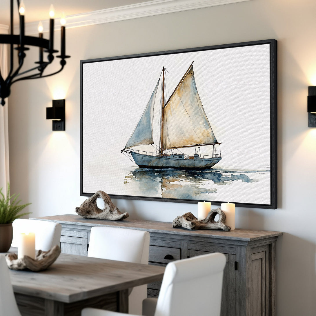 Framed Wall Art: Watercolor sailboat print in blue and neutral tones. Coastal decor for your home.