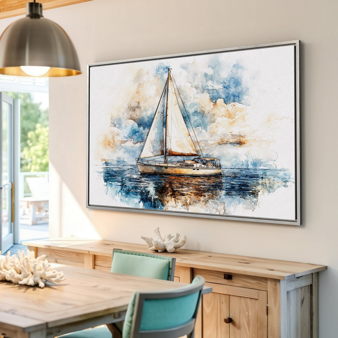 Framed Wall Art: Watercolor sailboat print in blue, beige, and white tones. Coastal art for home decor. Perfect for a nautical-themed room.