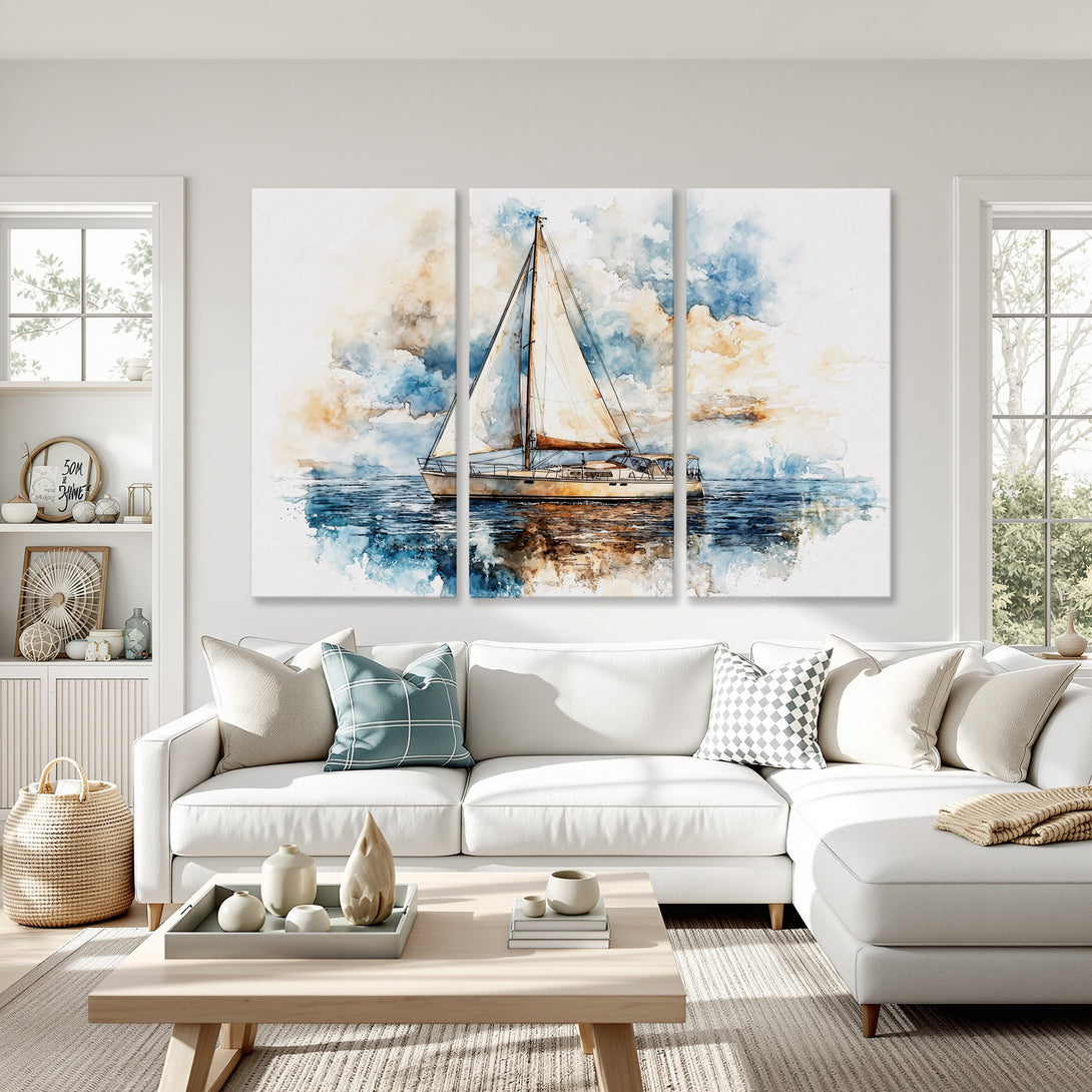 Canvas Print of a watercolor sailboat, blue & gold color palette, perfect for coastal decor.