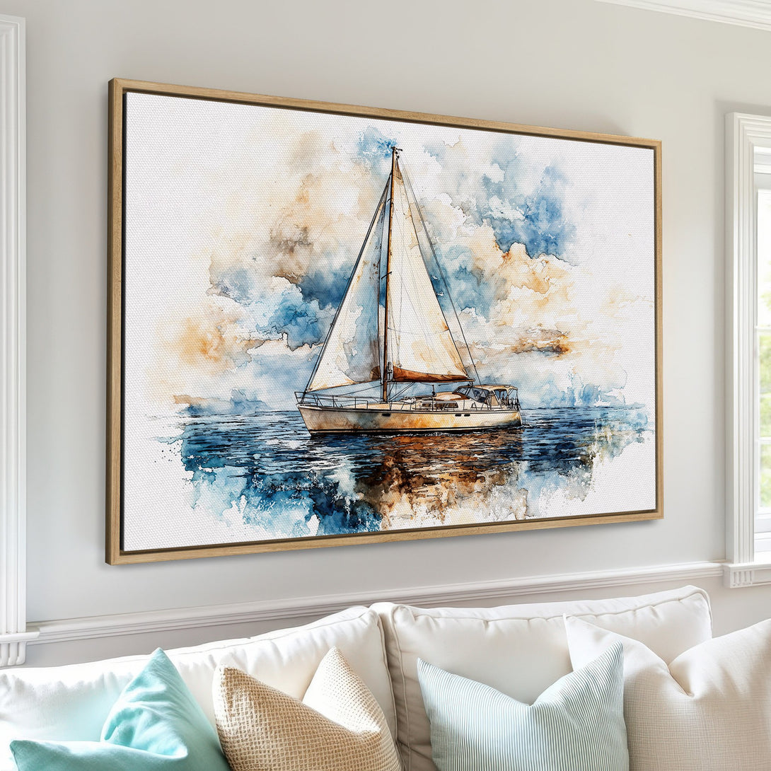 Framed Wall Art: Watercolor sailboat print with blue, brown, and white hues. Coastal decor for a serene living room. Add a touch of nautical charm!