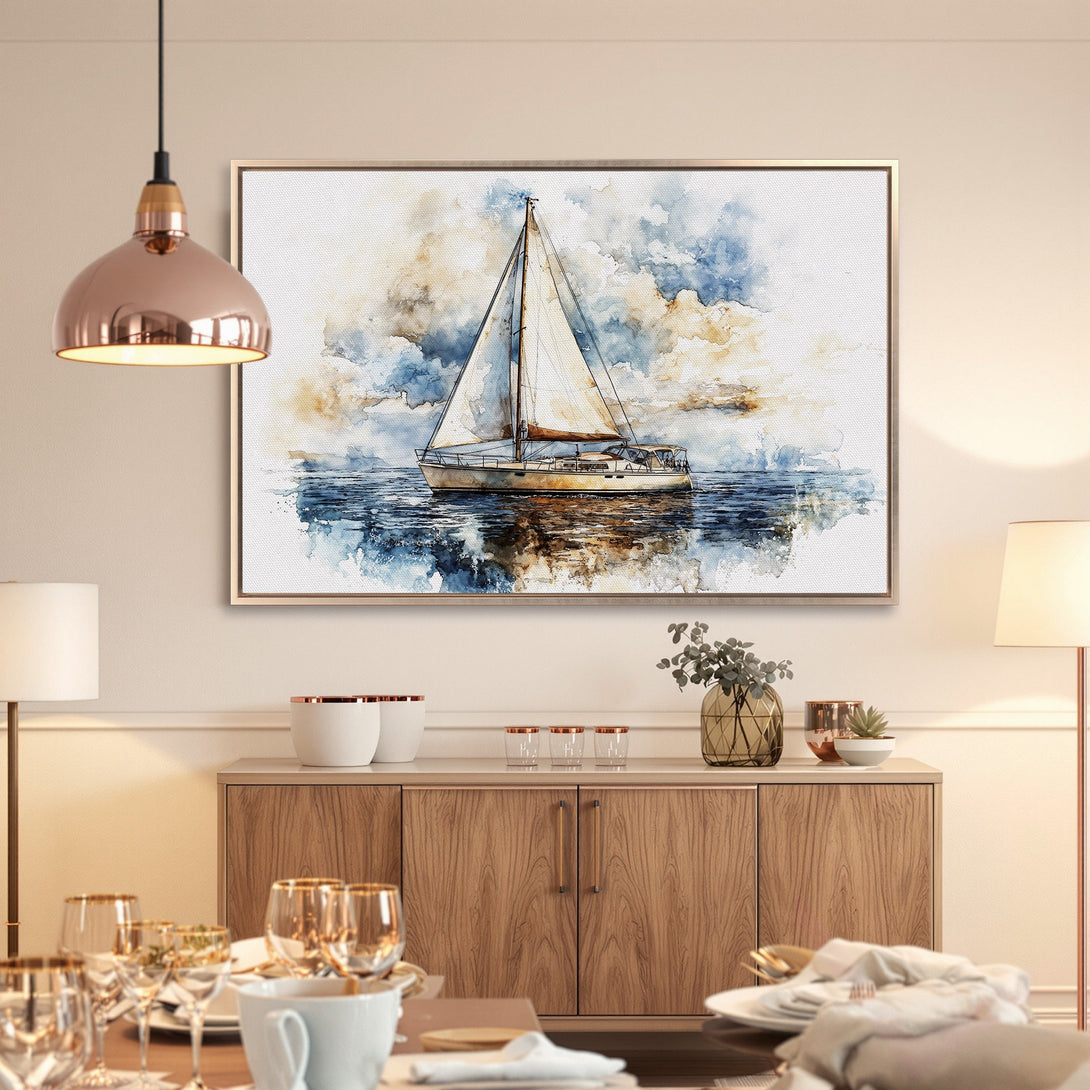 Framed Wall Art: Watercolor sailboat print in blue & beige. Coastal art for your home. Add a touch of serenity with this canvas print.