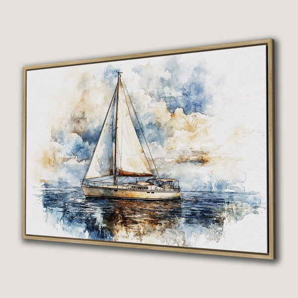 Canvas Print of a watercolor sailboat, featuring a serene coastal scene with blue and beige hues. Perfect nautical wall art.