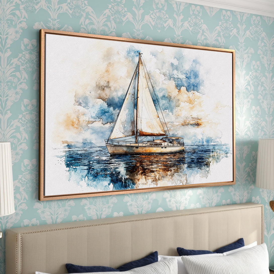 Framed Wall Art featuring a watercolor sailboat in blue and beige tones. Coastal decor for a serene bedroom.